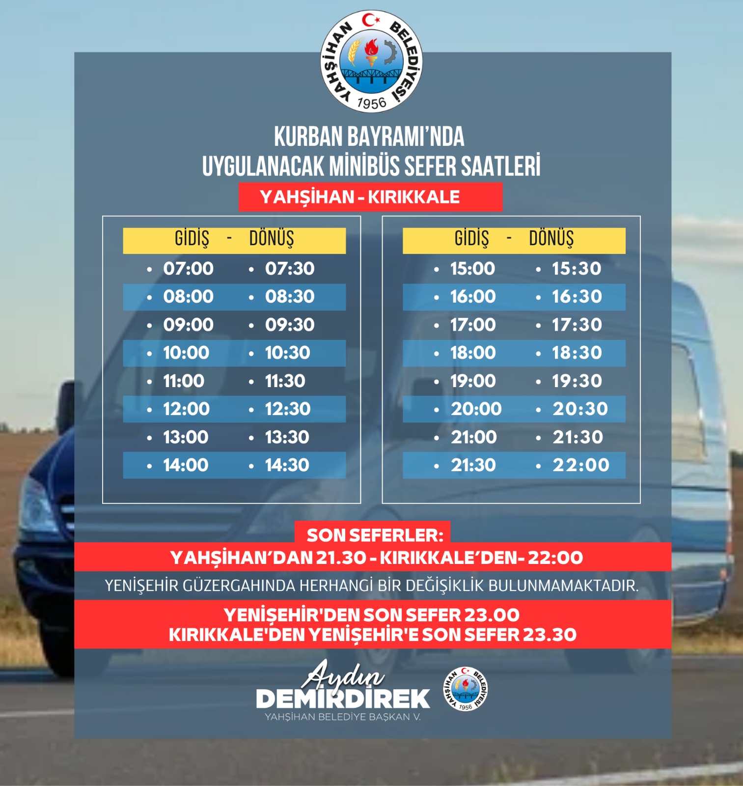 KURBAN BAYRAMINDA UYGULANACAK MİNİBÜS SEFER SAATLERİ